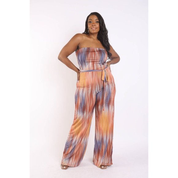 PLUS SIZE Sexy Printed Tube Jumpsuit With Self Belt Summer Off Shoulder - Picture 6 of 16